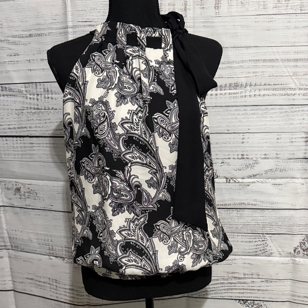 White House Black Market Black and White Paisley Blouse